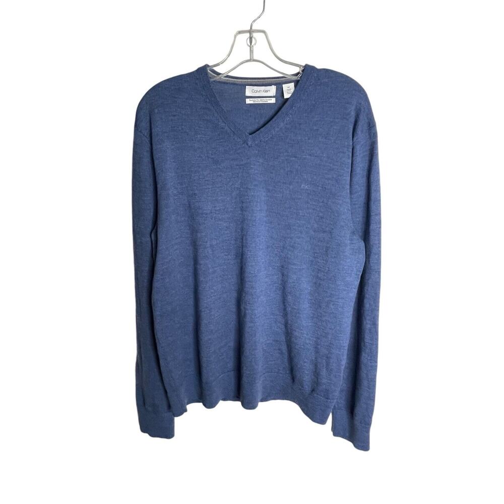 Calvin Klein Mens Extra Fine Merino Wool Sweater Size Large Blue V Neck Knit